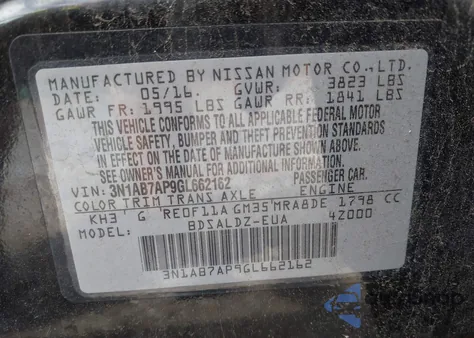 2016 Nissan Sentra Fe+ S/S/Sl/Sr/Sv z USA, uszkodzony, nr VIN 3N1AB7AP9GL662162